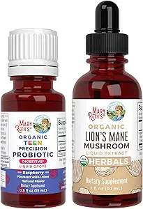 MaryRuth Organics Precision Probiyotik Drops for Young (Raspberry) & Lion's Mane Drops | USDA Organik | Gut Health, Cognitive Support, & General Wellness | Vegan, Non-GMO, Gluten Free