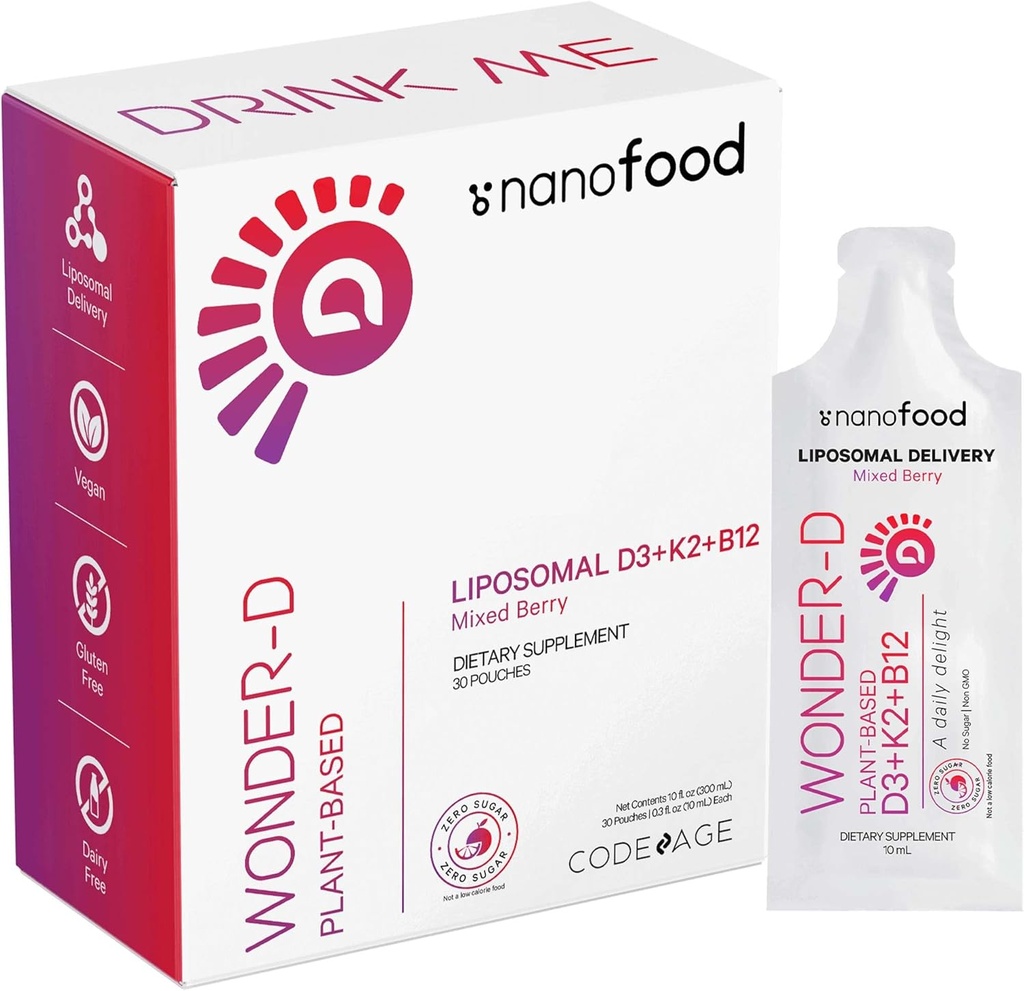 Κωδικός Liposomal Vitamin D3 Liquid Supplement Sachet, Wonder-D Cholecalciferol Vegan Liquid Multivitamin, Φυτικές Βασικές Βιταμίνες K2 B12, Μη ΓΤΟ Φωσφολιπίδια, Βιταμίνη Ε, Berry Flavor - 30 Pouches