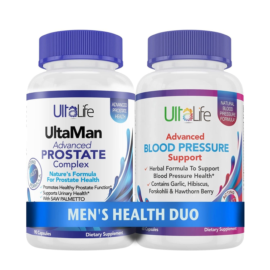 ULTALIFE Ανδρική Υγεία Duo - 2 μπουκάλια - ένα Prostate υποστήριξης Complex με πριονισμένο Palmetto & Beta Σιτοστερόλη & ένα υψηλό συμπλήρωμα πίεσης αίματος με σκόρδο & Hawthorn κάψουλες ταχείας δράσης για τους άνδρες