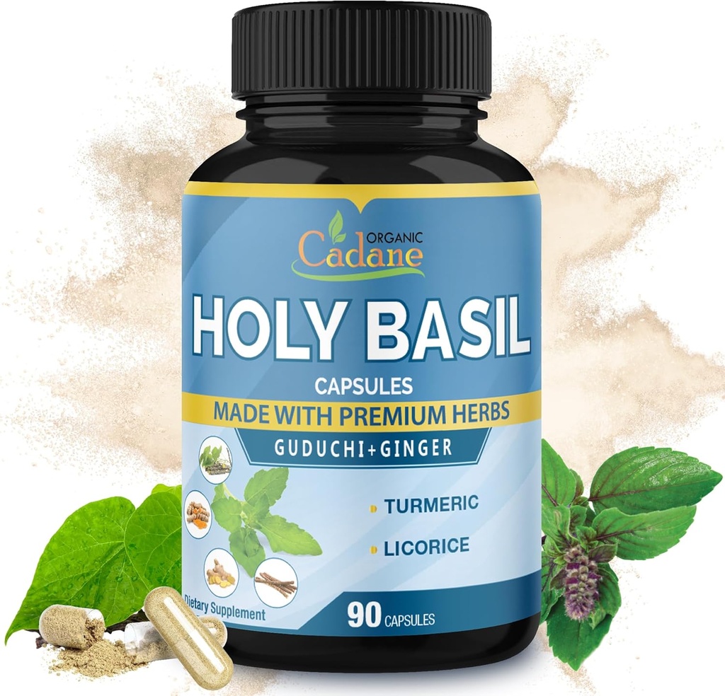 Organik Cadane Holy Basil Supplements Capsules, 5in1 with Guduchi, Ginger, Turmeric Curcumin, Licorice - Destek Immune - 3 ay boyunca 90 Capsules