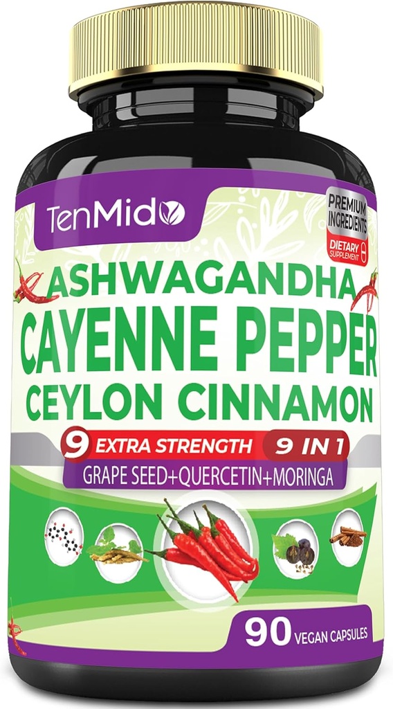 Cayenne Pepper Supplements Capsules, 3 Ay Supply & Ashwagandha, Ceylon Cinnamon, Grape Tohum, Quercetin, Moringa, Ginkgo Biloba - Heart Wellness, Thes Digestive Health -90 Caps