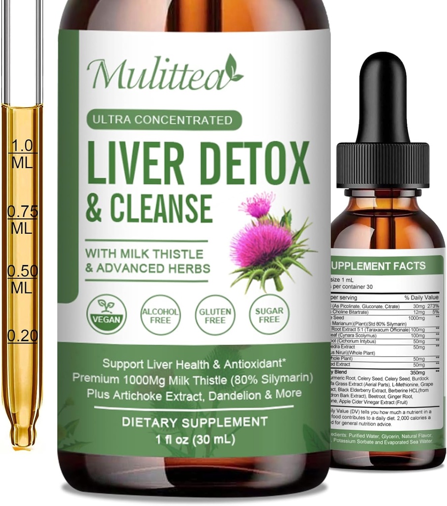 Liver Health Liquid Drops -Detox & Repair with Artichoke Milk Butle Silymarin Extract, Dandelion,Turmeric, Berberine Renew w/21 Potent Herb-Nutrients-