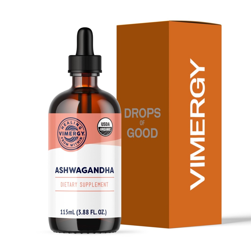 Vimergy USDA Organic Ashwagandha Liquid Extract – 57 2mL (2 Droppers or 48-54 Drops) Servings (220mg Extract per Serving). Stress Adaptogen, Cognitive & Sleep Support. Alcohol-Free, Non-GMO (115 mL)