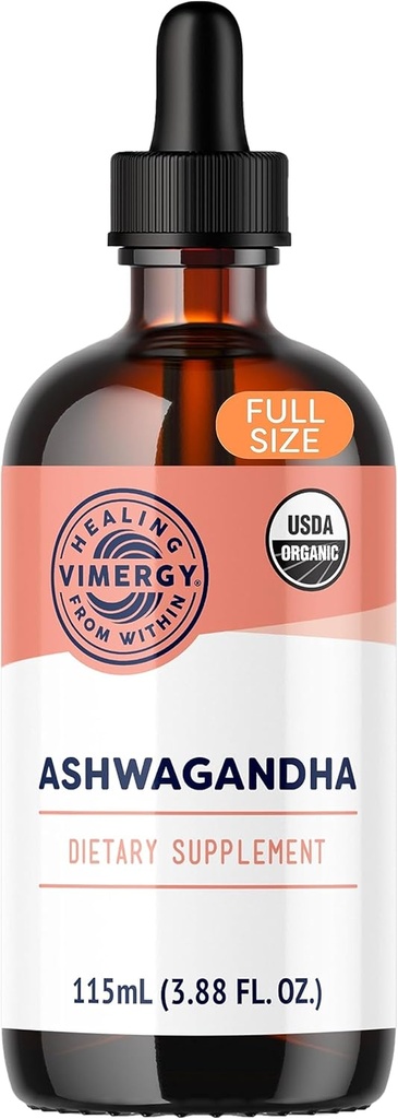 Vimergy USDA Organic Ashwagandha Liquid Extract, 57 σέρβις – συμπλήρωμα στρες σταγόνες – Adaptogen - Υποστηρίζει Γνωστική λειτουργία – Υποστήριξη ύπνου – Χωρίς αλκοόλ, μη ΓΤΟ, Vegan & Παλαιό Φιλικό (115 ml)