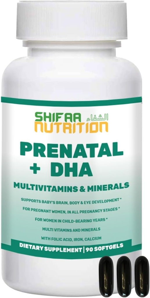 SHIFAA DHA ve Folic Asit ile Halal Prenatal Vitaminler | Yüksek Potency 90 Softgels, Keto-Friendly | Vitamin C 120 mg, DHA 250 mg, Folic Acid 800 mg, EPA 90 mg, Biotin & Iodine