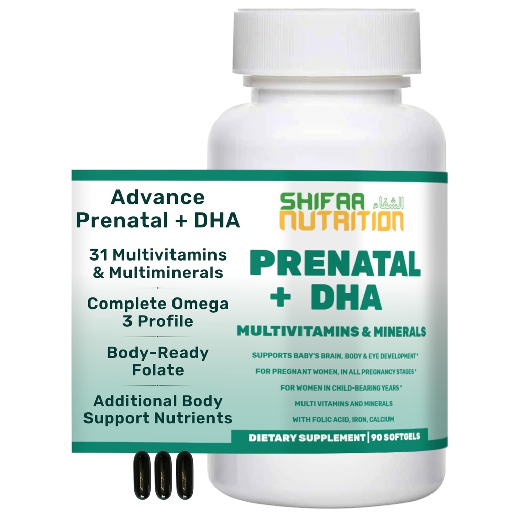SHIFAA DHA ve Folic Asit ile Halal Prenatal Vitaminler | Yüksek Potency 90 Softgels, Keto-Friendly | Vitamin C 120 mg, DHA 250 mg, Folic Acid 800 mg, EPA 90 mg, Biotin & Iodine