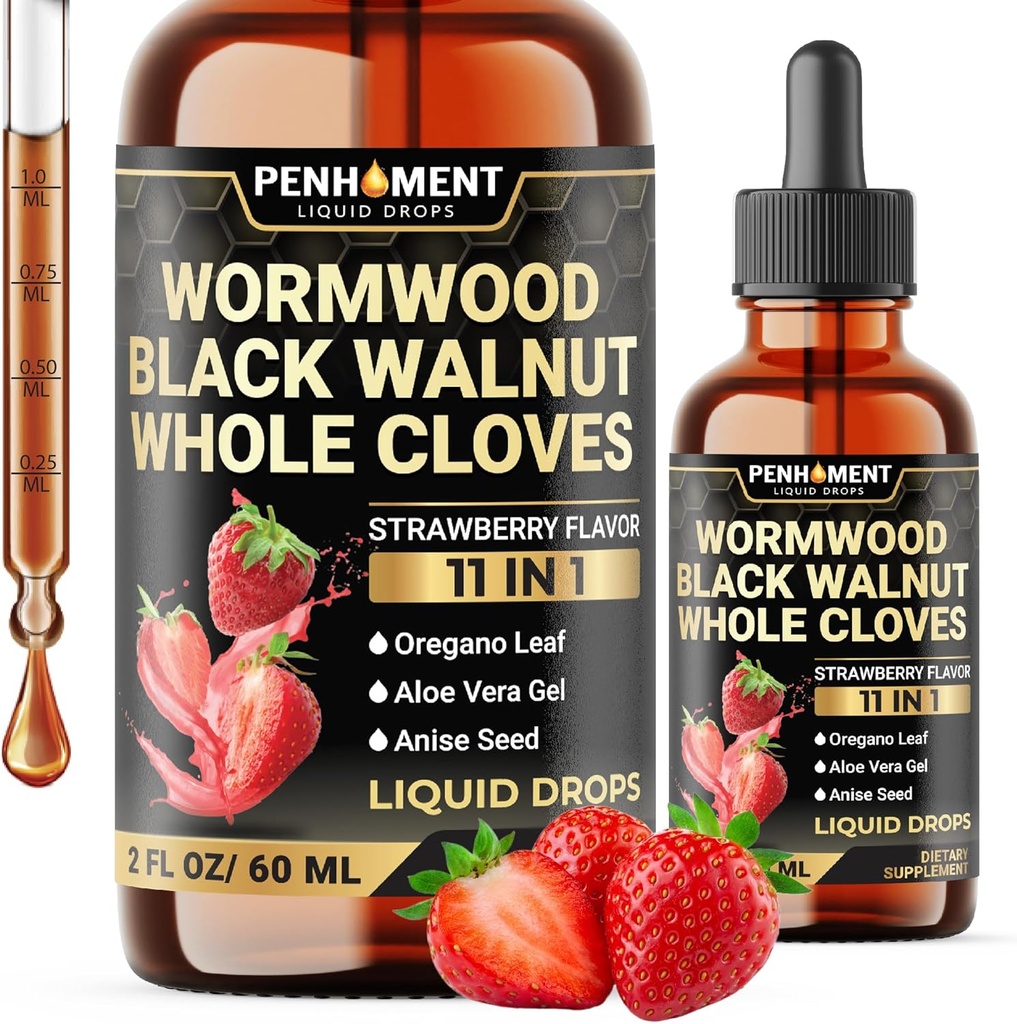 11in1 Wormwood Liquid Drops - Siyah Walnut Wormwood Sıvı Tüm Cloves, Reishi, Peppermint, Oregano, Aloe Vera, Anise Seed - 2 FL OZ - 60 Gün Supply - Strawberry Flavor
