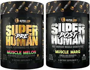 ALPHA LION Superhuman Pre Workout Toz & Post Workout Recovery Sche, Sustained Energy & Focus + Lean Muscle Growth, Strength & Volume (Mus Melon & Muscle Marg)