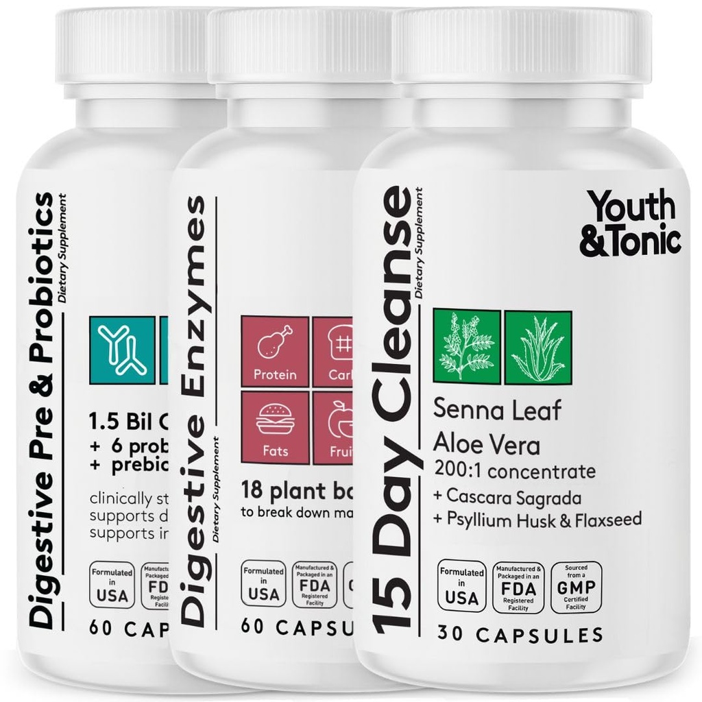 Gençlik ve Tonic 15 Gün Koloni Pre & Probiyotiks ile Temizlendi | Digestion, Belly Bloat, Break Down Food, Gut Health and Regularity,150 Pills for Women & Men
