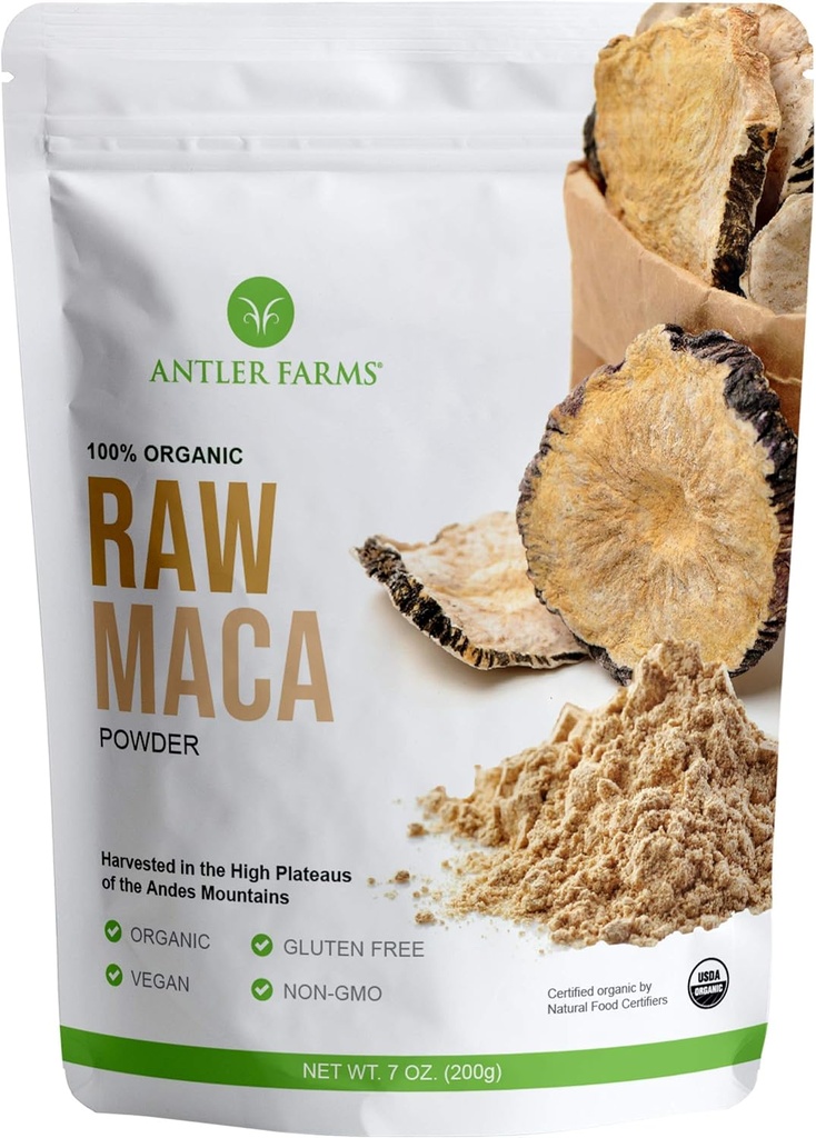 Antler Farms - 100% Pure Organic Raw Maca Toz, 40 Hizmet, 200g - Vegan, Gluten Free, Sun Tray, Cold Processed, Grown Outdoors in Central Andes of Peru, Certified USDA Organic