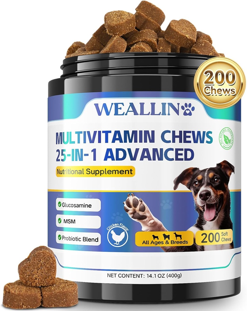Köpek Vitaminleri - 25-in-1 Köpek Vitaminleri ve Tamamlar Glucosamine Probiyotikleri Omega-3 Puppy Multivitamin Chewable for Coat, Heart, HIPS & Commons, Digestion & Immune System 200partion & Immune System