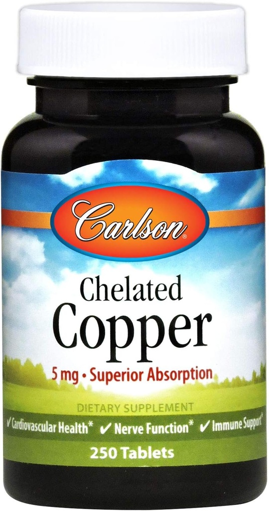 Carlson - Chelated Copper, 5 mg, Superior Absorption, Circulation Health, Nerve Function & Immune Support, 250 Tablets
