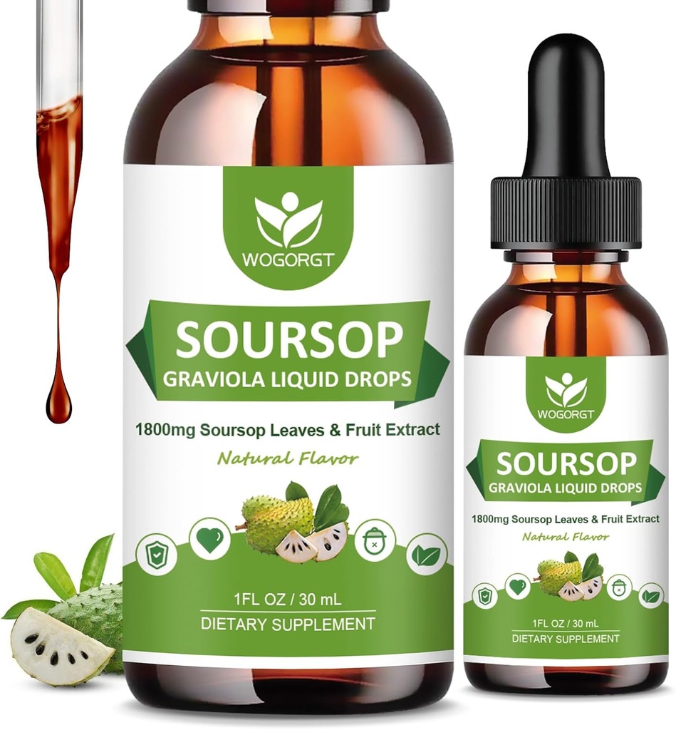 (2 Pack) Soursop Graviola Liquid Drops - 1800 mg Soursop Ekstraksiyon - Hücre Desteği ve Rejenerasyon için Yüksek Absor Sop Bitters Sıvı, Immune Support, Antioksi, Relaxation, Sugar Free - 1 Fl Oz