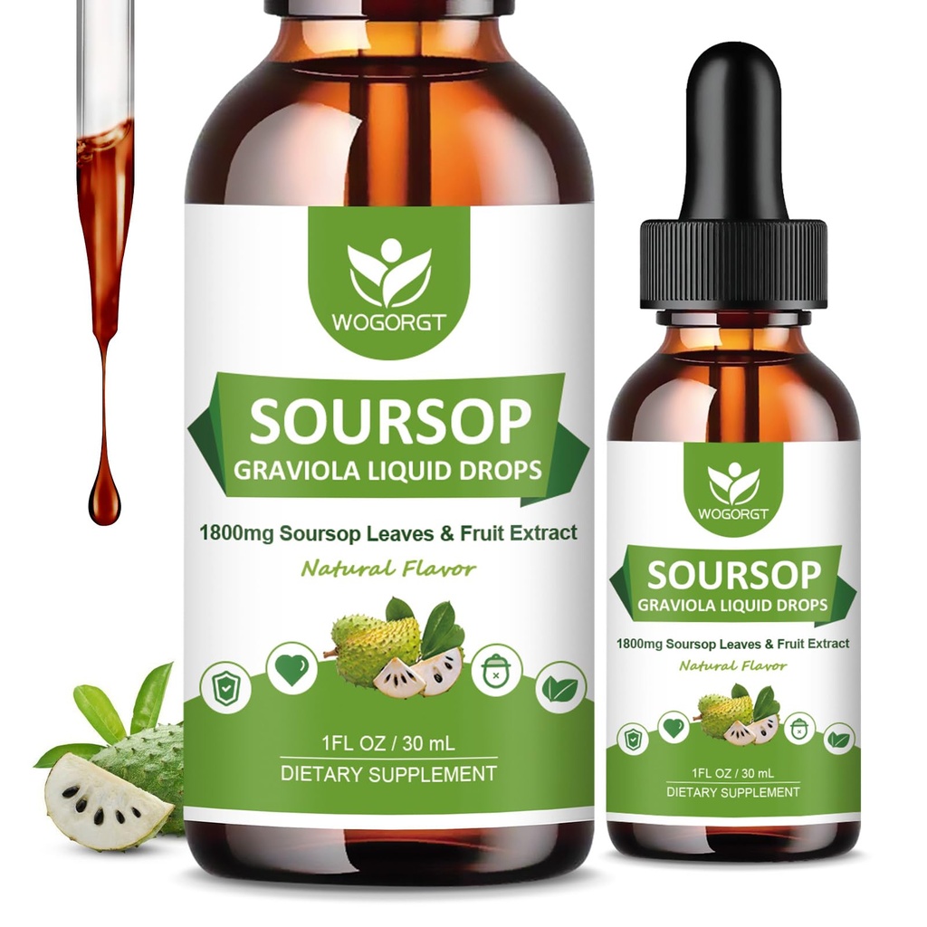 (2 Pack) Soursop Graviola Liquid Drops - 1800 mg Soursop Ekstraksiyon - Hücre Desteği ve Rejenerasyon için Yüksek Absor Sop Bitters Sıvı, Immune Support, Antioksi, Relaxation, Sugar Free - 1 Fl Oz
