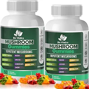 Mushroom Gummies – 10 Mushroom Complex with Lion’s Mane, Reishi, Chaga, Cordyceps & More – Fruity Vegan Gummies – Μη-GMO, Χωρίς γλουτένη, με βάση το φυτό – 2 συσκευασίες