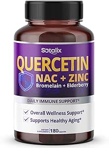 SOTALIX Supplement Premium Quercetin 98 Bromelain, çinko, D3 2000 IU, Elderberry - Cardiovascular Respiration Immune Support for Adult Kids - 180 Day Supply