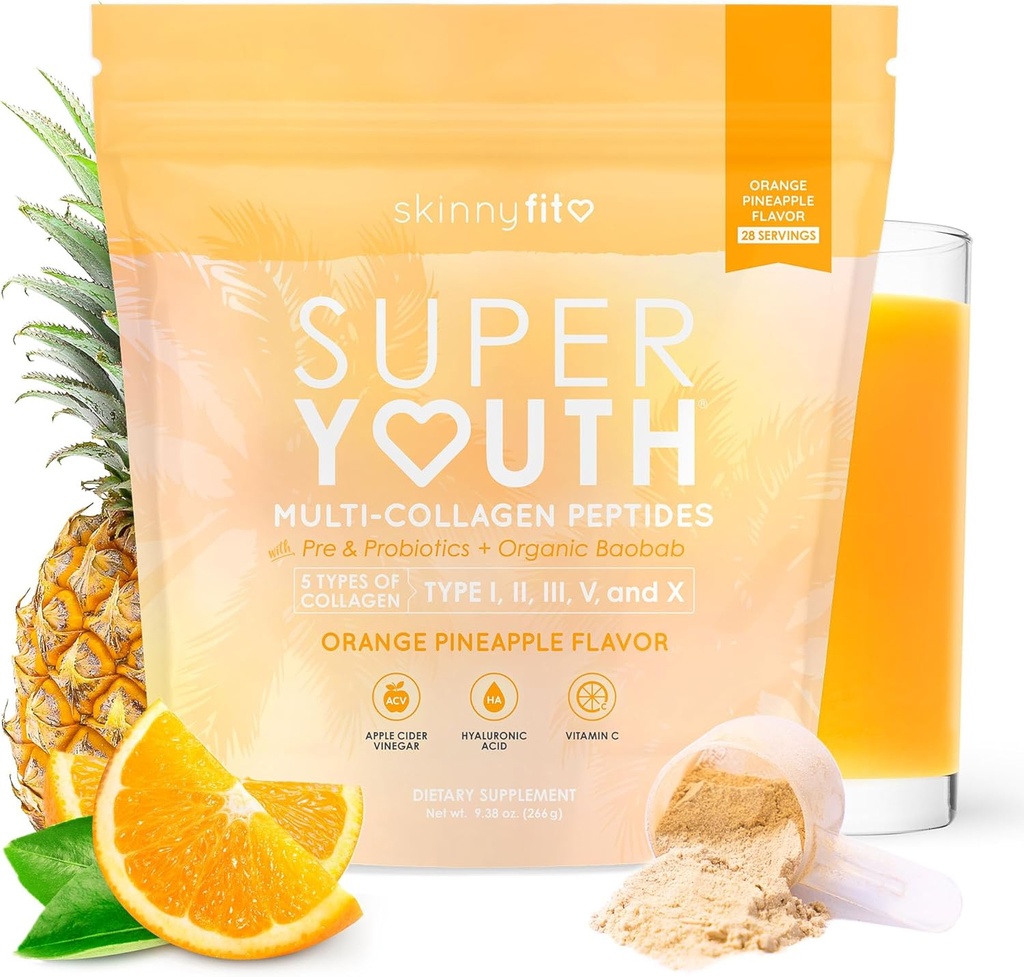 SkinnyFit - Super Youth Collagen for Women - Multi Collagen Peptides Peptides Powder - Probiotics, Fiber, Hyaluronic Acid - Non GMO, Gluten Free, Sugar Free - Beauty - Orange Pineapple (28 services)
