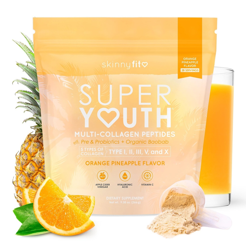 SkinnyFit - Super Youth Collagen for Women - Multi Collagen, Toz - Probiyotikler, Fiber, Hyaluronik Asit - GMO, Gluten Free, Sugar Free - Beauty - Orange Pineapple (28 hizmet)