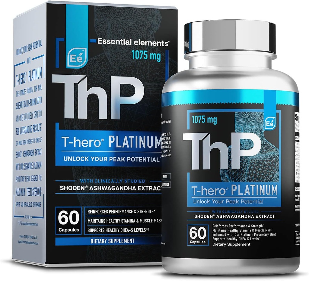 Temel Elements T-Hero Platinum Male Health Supplement for Mens Health - Kas Büyüme Desteği ve T-Sağlık Shoden Ashwagandha, Shilajit, DIM & More - Gym Supplements for Men - 60 Caps