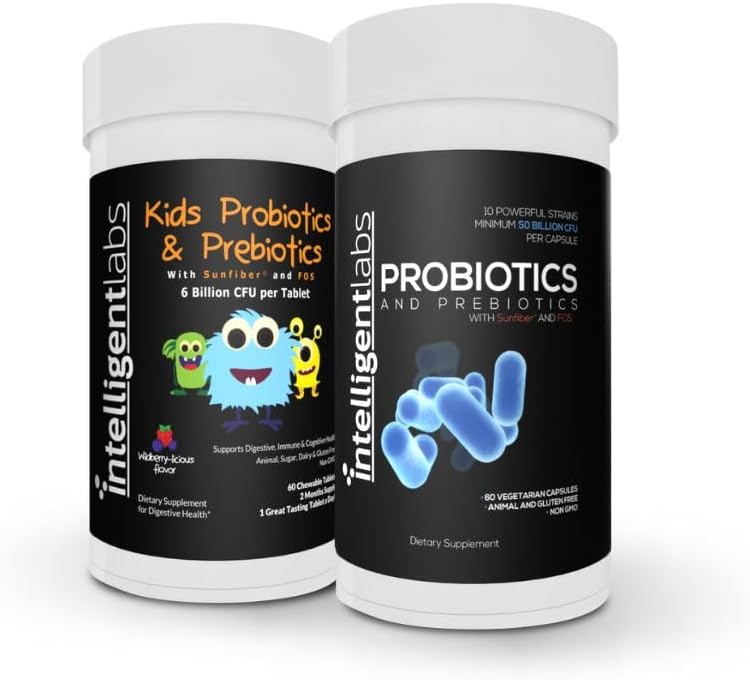 Intelligent Labs 2-σε-1 Bundle of Kids Probiotics (6 Billion CFU with Sunfiber and FOS) + Adult Probiotics (50 Billion CFU, 10 Strains), Δεν χρειάζεται ψύξη, 2 Μήνες προσφοράς ανά φιάλη