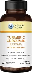 World Turmeric Curcumin 1000 mg, BioPerine Black Pepper Extract for Better Abors, 95 Curcuminoids, Turmeric Supplement for Antioksi & Ortak Destek, Gluten-Free, 60 Capsules