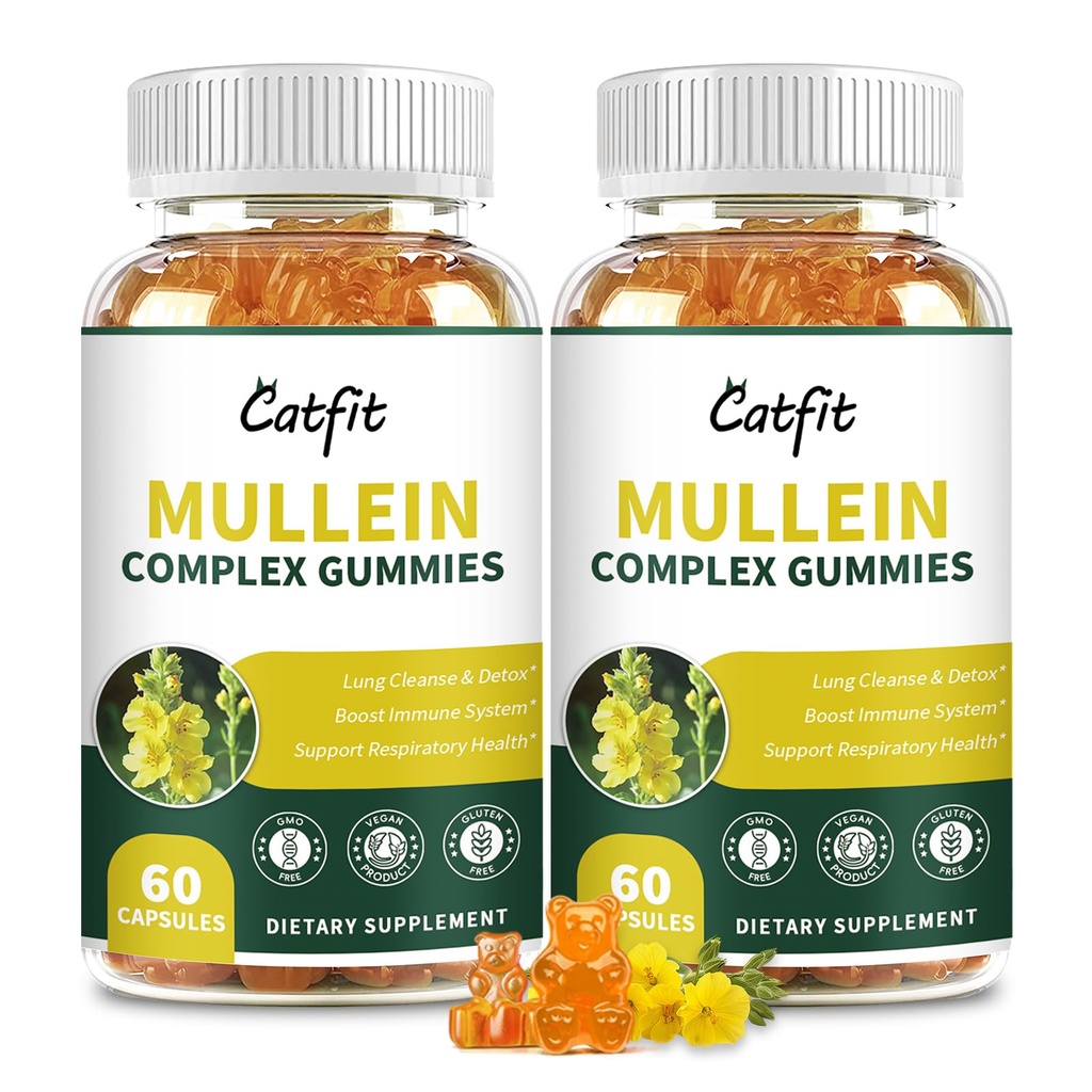 (120 adet) Lungs Detox için Gummies - Mullein Leaf Extract with Quercetin, Elderberry for Respiratory & Immune Support, Breathing & Lung Cleanse for Smokers, Vegan, Pineapple Flavor, (2 Pack)