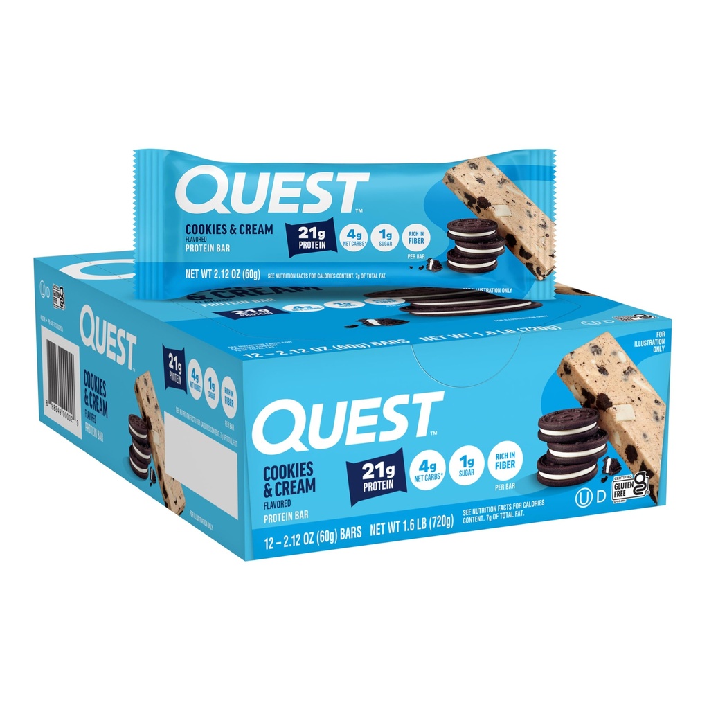 Quest Διατροφή Cookies & Cream Protein Bars, 21g πρωτεΐνη, 1g ζάχαρη, 4g καθαρό υδατάνθρακες, χωρίς γλουτένη, Keto φιλικό, 12 Count