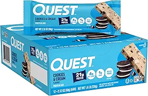 Quest Nutrition Cookies & Cream protein Bars, 21g protein, 1g Sugar, 4g Net Carb, Gluten Free, Keto Friendly, 12 Count Count