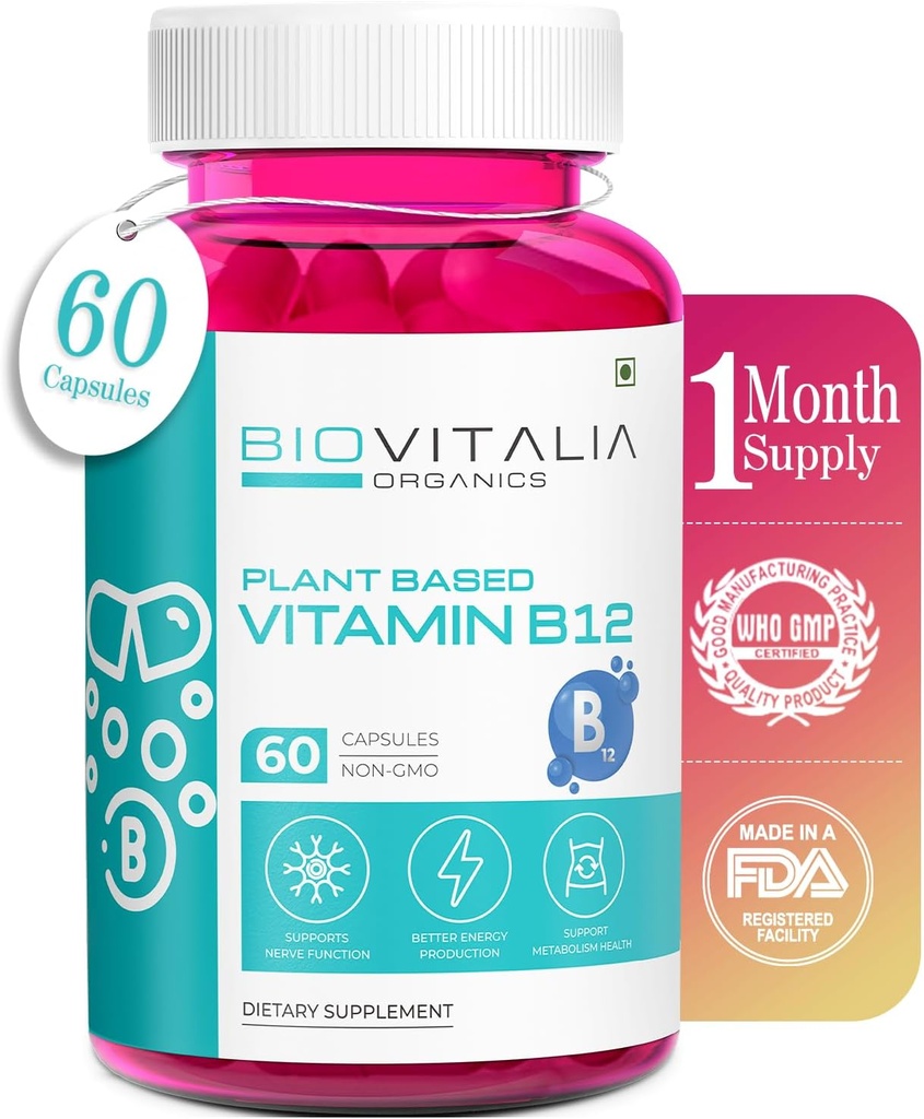BIOVITALIA Vitamin B12 Capsules Torch Cobalamin Supplement 1000 mg Plant-Based Capsules - Destek Nerve Function & Metabolism Buğday Grass Spirulina Beetroot - 60 Vegan Caps