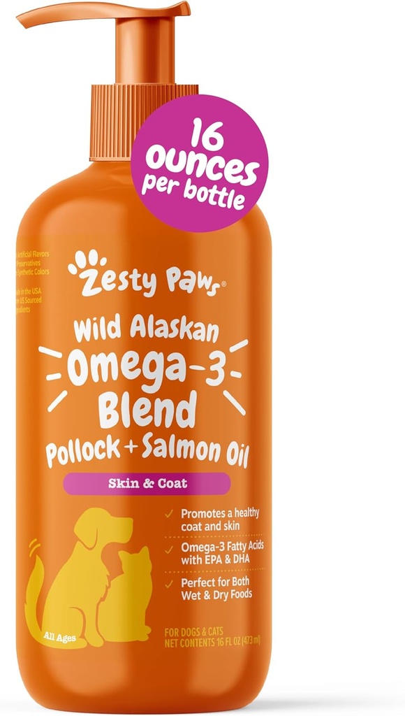 Zesty Paws Wild Alaskan Omega-3 Mix Pollock + Köpek ve Kediler için Salmon yağı, Omega 3 Supplement for Pets, 16oz