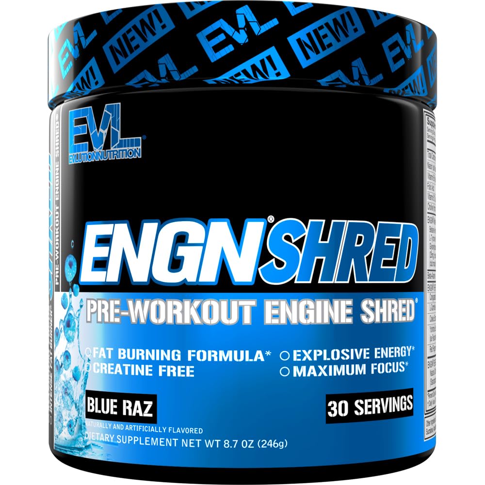 EVL Ultimate Pre Workout Powder - Thermogenic Fat Burn Support Preworkout Powder Drink for Lasting Energy Focus and Stamina - ENGN Shred Intense Creatine Free Preworkout Drink Mix - Blue Raz