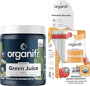 Organifi Green Juice Superfood Toz (30 Hizmet) ve Immunity Drink Mix (14 Packets) C, Vitamin D, çinko, Detox Cleanse, Stres Yardımı ve Immunity Support - Gluten Free, Vegan, Tüm Gıda