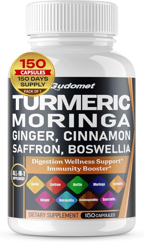 Turmeric Moringa Ginger Boswellia Quercetin Cinnamon Saffron Tart Cherry Odorless Tar Nettle -150 Capsules- Made in USA