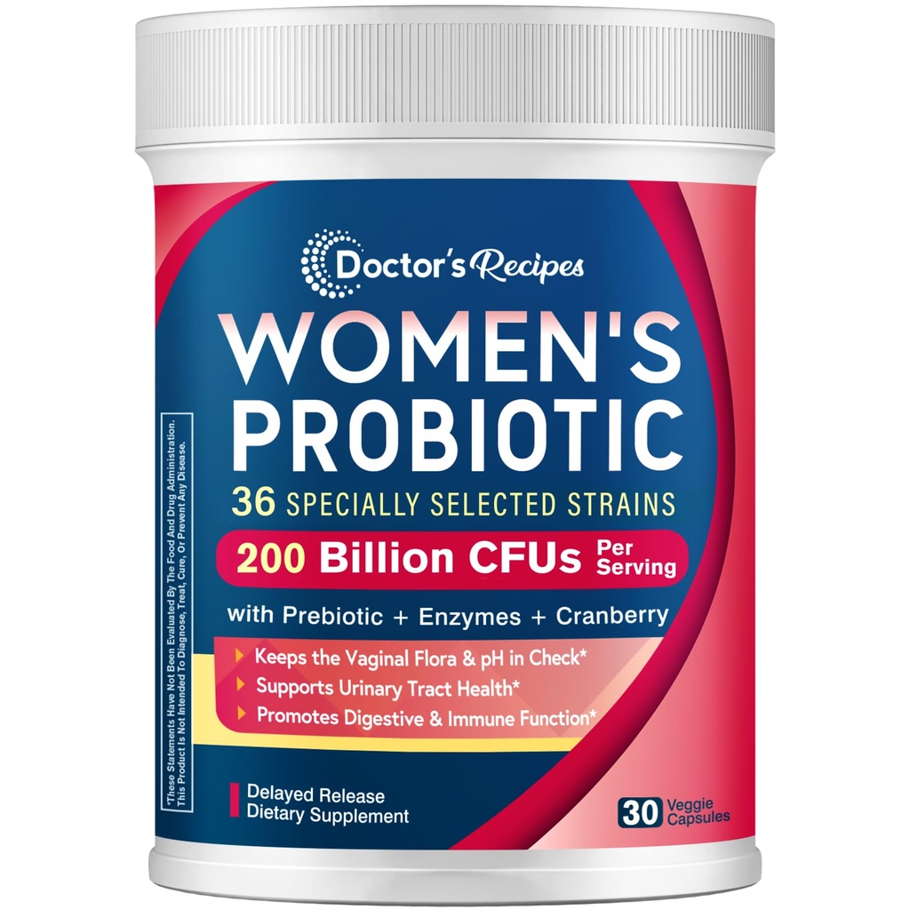 Doktor'un Kadınlar için Probiyotikleri, 200B CFUs 36 Strains, Prebiyotikler, Enzymes & Cranberry, Vaginal Urinary Digestive & Immune, Raf Stable, 30 Caps