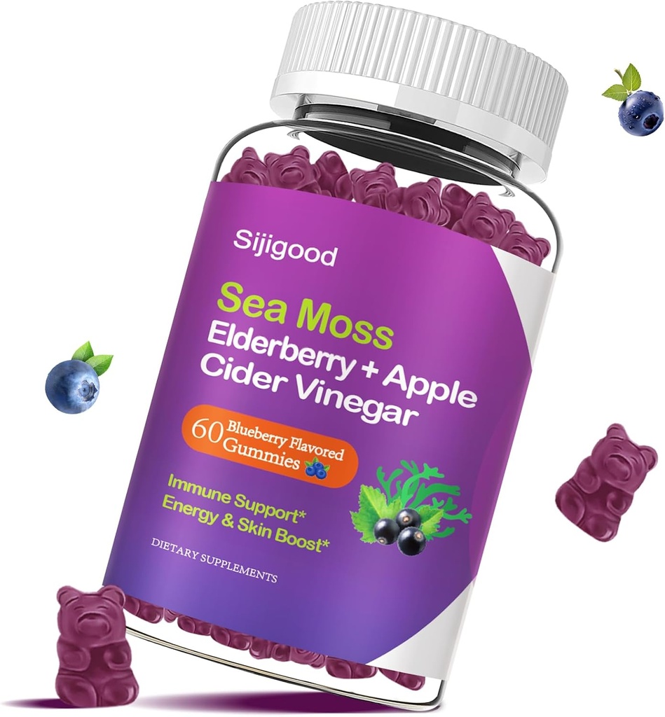 Ιρλανδέζικης θάλασσας Moss Gummies with Elderberry, Bladderwrack, Burdock, Chlorophyl - Digestion, Skin, Hair and Enhance Immity - Ενήλικες Παιδιά Γυναίκες Άνδρες, 60 Blueberry Flavored Gummies