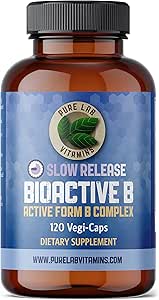 Pure Lab Vitamins Bioaktif B Kompleksi - 120 Vegan Caps Slow Formula (B1, B2, B3, B5, B6, B7, B9, B12) - 60 Days Supply, Gluten & Sugar Free Made in Canada