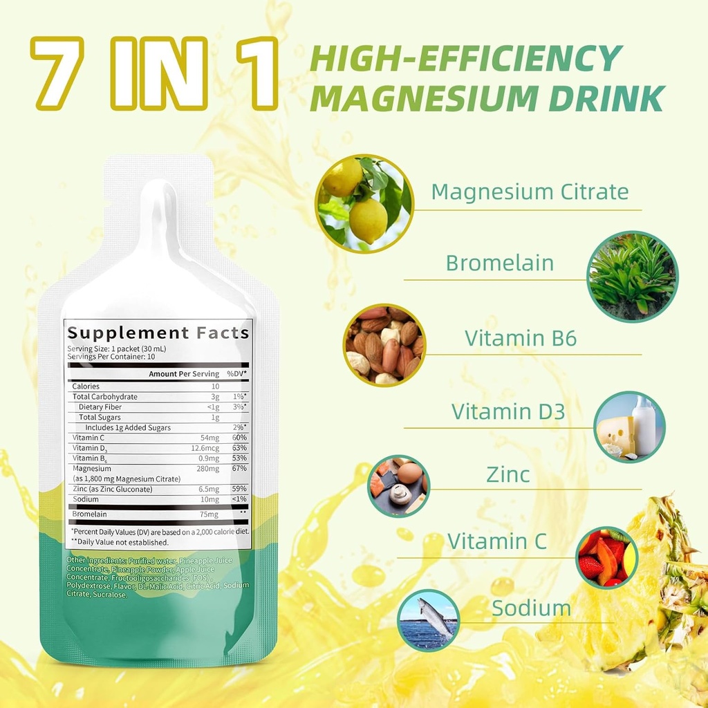 Magnezyum Citrate Liquid Supplement (10 Fl Oz),Magnesium Kompleksi/Oral Çözüm B VitaminB,Zinc, sodyum ve Bromelain for Sleep,Muscle,Heart,Gut Support (Pineapple)