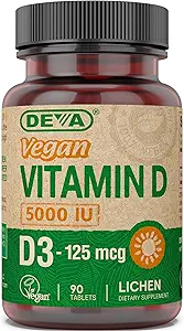 DEVA Vitamin D3 5000 IU, Sunshine Supplement, 125 mcg of Vegan D3, 90-Count Bottle