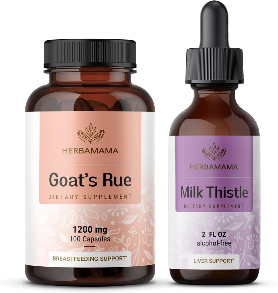 HERBAMAMA Goat's Rue and Milk Thittle Kit - Bundle 1200 mg Goat's Rue Capsles & Milk Thistle Liver Detox Detox Drops 2 fl oz - Vegan, Non-GMO, Sugar & Alcohol-Free - 2 Pack