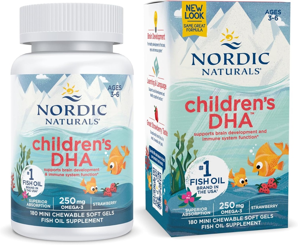 Nordic Naturals Children's DHA, Strawberry - 180 Çocuklar için Uygun Yumuşak Geller - EPA & DHA ile 250 mg Omega-3 - Beyin Gelişimi ve Fonksiyonu - Non-GMO - 45 Hizmet