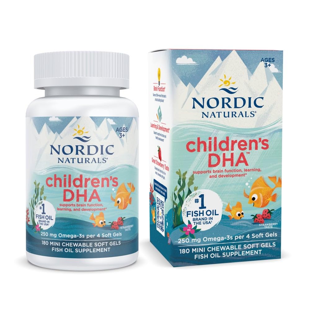 Nordic Naturals Children’s DHA, Strawberry - 180 Mini Chewable Soft Gels for Kids - 250 mg Omega-3 with EPA & DHA - Brain Development & Function - Non-GMO - 45 Servings