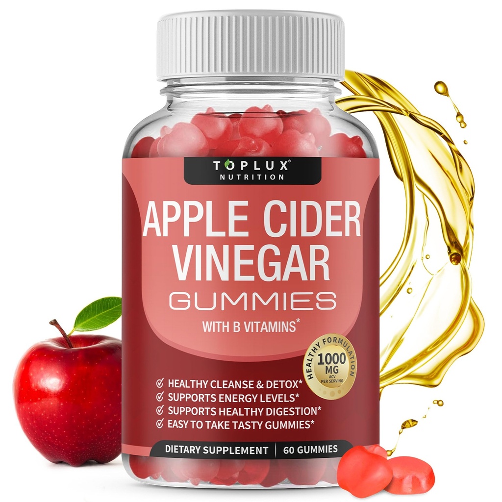 Toplux Μηλίτης μηλίτη Ξύδια - 1000mg ACV με B12, Beet Root, Ρόδι για το ανοσοποιητικό σύστημα, Detox & Cleanse, Gummy Εναλλακτική για κάψουλες μηλίτη μήλου, για άνδρες γυναίκες, 60 Gummies
