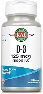 KAL D3 5000 IU 125 mcg, Yüksek Potency Vitamin D Tabletleri, Kalsiyum Aborpsiyon, Bone Health ve Immune Support Supplement, Hızlı Disintegration D-3 ActivTabs, 60-Day Garanti, 60 Serv, 60 Tabletler, 60