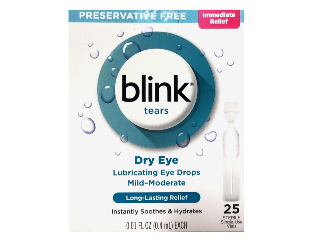 BLINK Tears Eye Drops for Kuru Eyes, Preservative Free Laneing Eye Drops, Sterile Single Use Vials, Gentle Eye Care for Mild to Moderate Kuru Eye Symptom Relief, 25 Count, 0.01 fl oz Vials