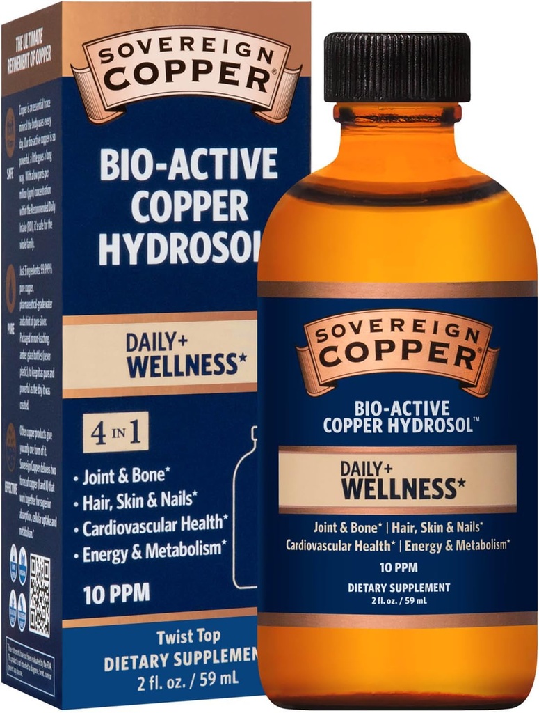 Sovereign Copper Professional 4-in-1 Wellness Support, Joint & Bone, Saç, Skin & Nails, Cardiovascular Health & Energy, Bio-Active Copper Hydrosol, 30 ppm, Liquid Twist Top, 2 Fl Oz (59 mL)