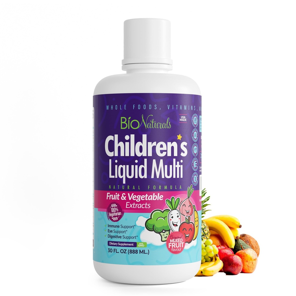 Bio Naturals Children's Liquid Multivitamin & Immune Booster - Φυσικό συμπλήρωμα για παιδιά & τονταδόρους με βιταμίνες A B C D3 E, ίνες, φρούτα & λαχανικά - Χωρίς ΓΤΟ, γλουτένη, ζάχαρη, γαλακτοκομικά, σόγια - 16oz