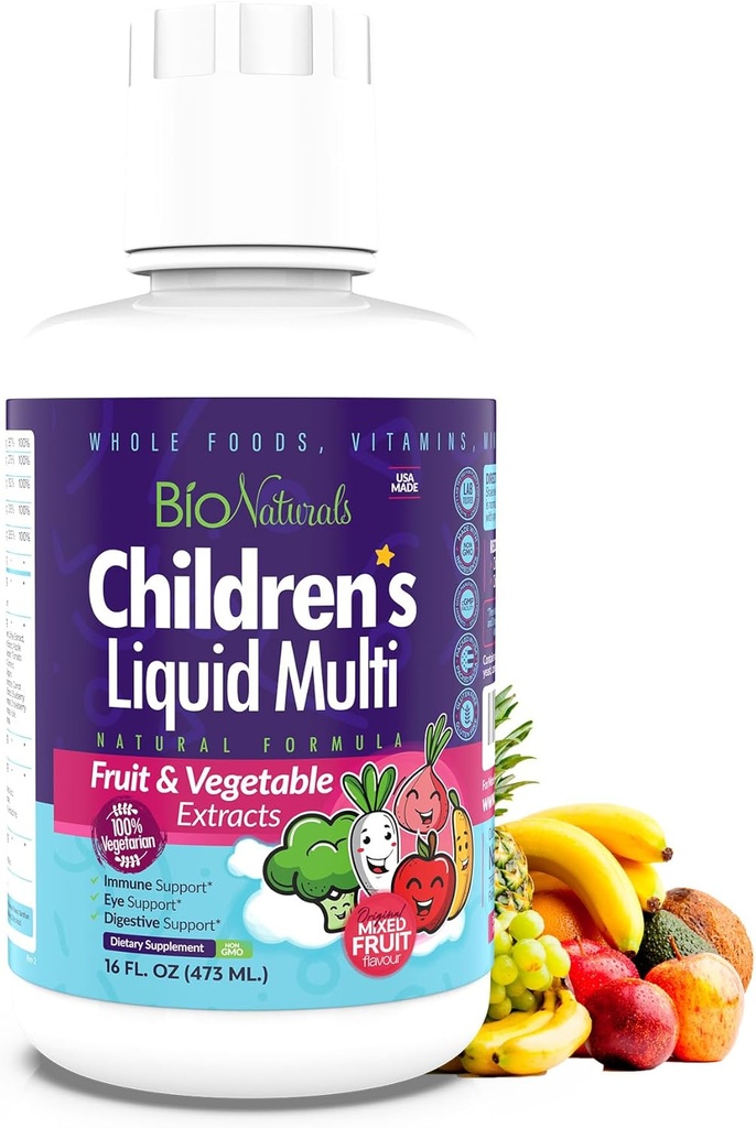 Bio Naturals Children's Liquid Multivitamin & Immune Booster - Φυσικό συμπλήρωμα για παιδιά & τονταδόρους με βιταμίνες A B C D3 E, ίνες, φρούτα & λαχανικά - Χωρίς ΓΤΟ, γλουτένη, ζάχαρη, γαλακτοκομικά, σόγια - 16oz