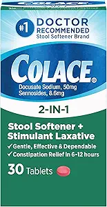Colace 2In-1 Stool Softener & Stimulant Laxative Tabletler, 6-12 Hours, 30 Count
