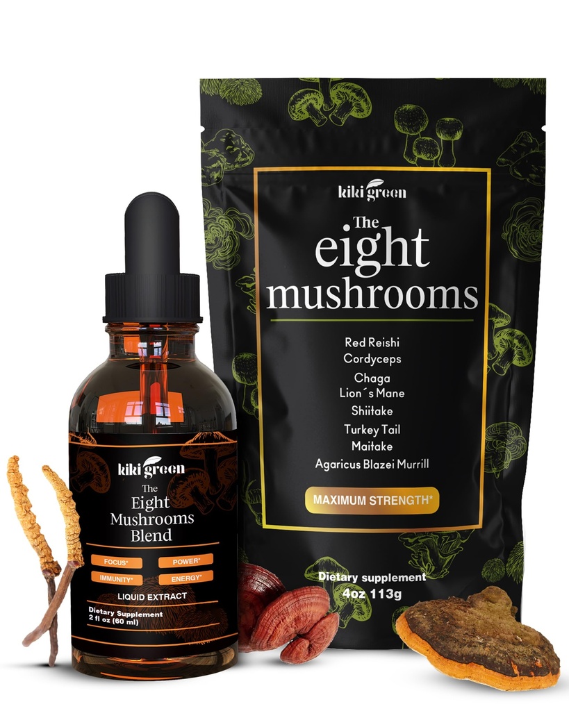 KIKI Green 8 Μανιτάρια Σκόνη & Liquid Extract Bundle - Mushroom Supplement Complex for Focus & Energy - Lion's Mane, Chaga, Cordyceps, Turkey Tail, Reishi, Shiitake, Maitake - 4 oz, 2 fl oz
