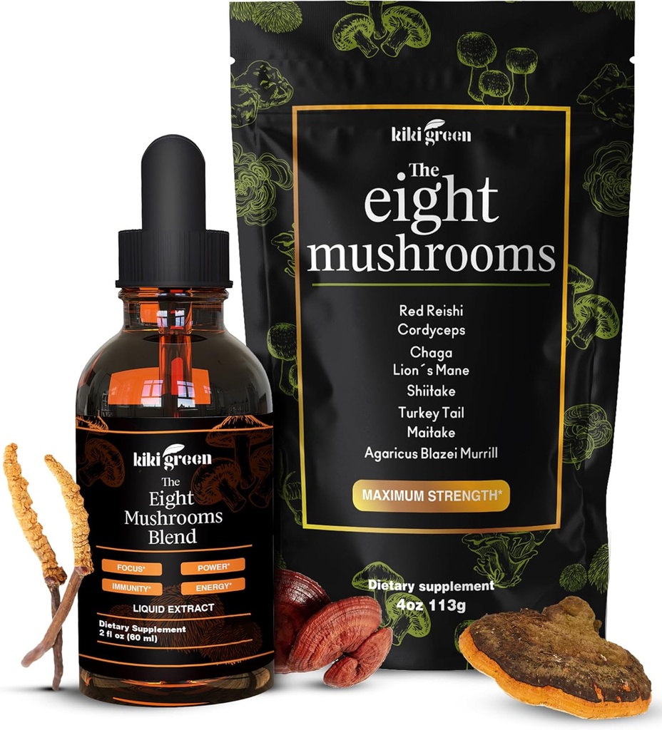 KIKI Green 8 Mushrooms Toz & Sıvı Ekstraksiyonu - Oda Tamam Kompleksi Focus & Energy - Lion's Mane, Chaga, Cordyceps, Türkiye Tail, Reishi, Shiitake, Maitake - 4 oz, 2 fl oz